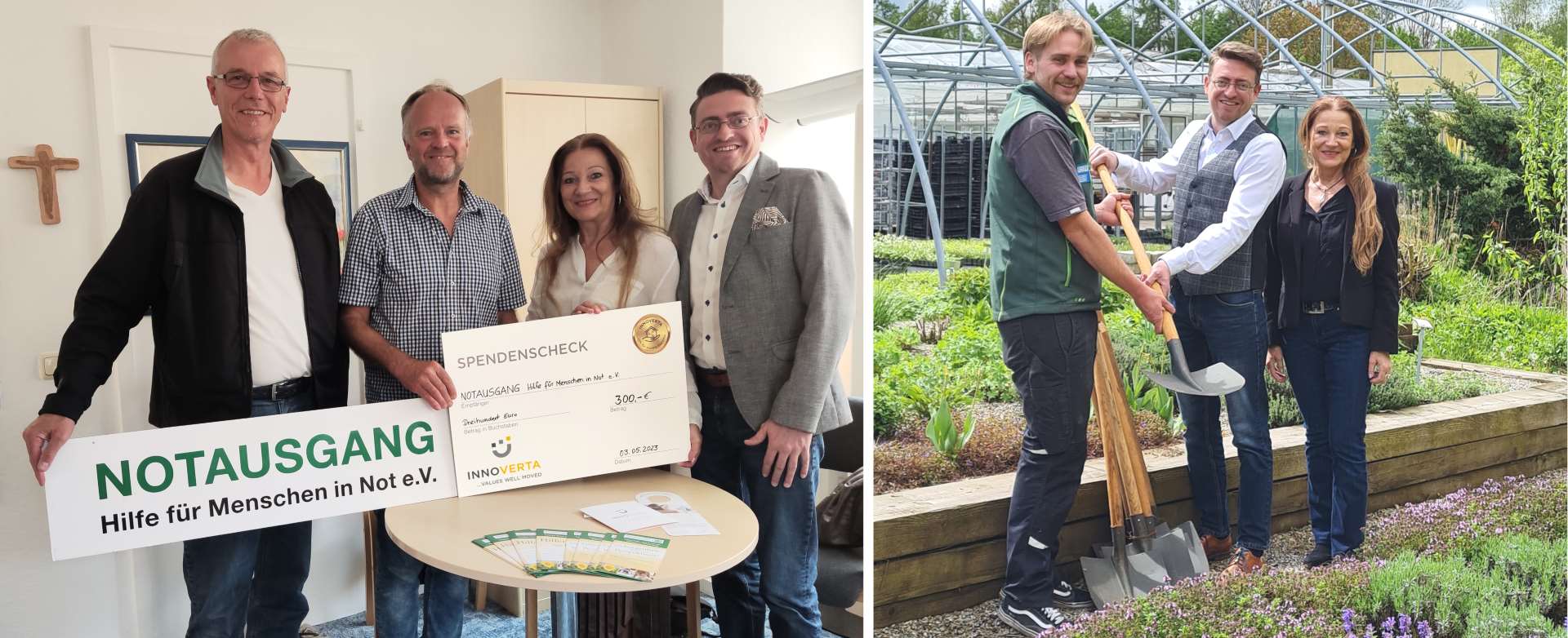 Die Geschäftsführer von INNOVERTA bei der Spendenübergabe an Notausgang e. V. und die Unterallgäuer Werkstätten